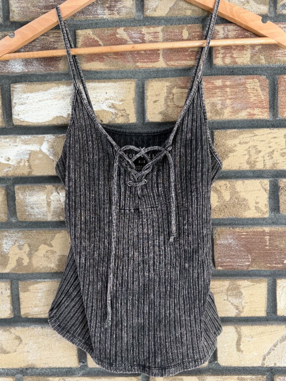 ☀️ American Eagle Soft & Sexy Black Acid Wash Ribbed Lace Up Tank Top Size S
